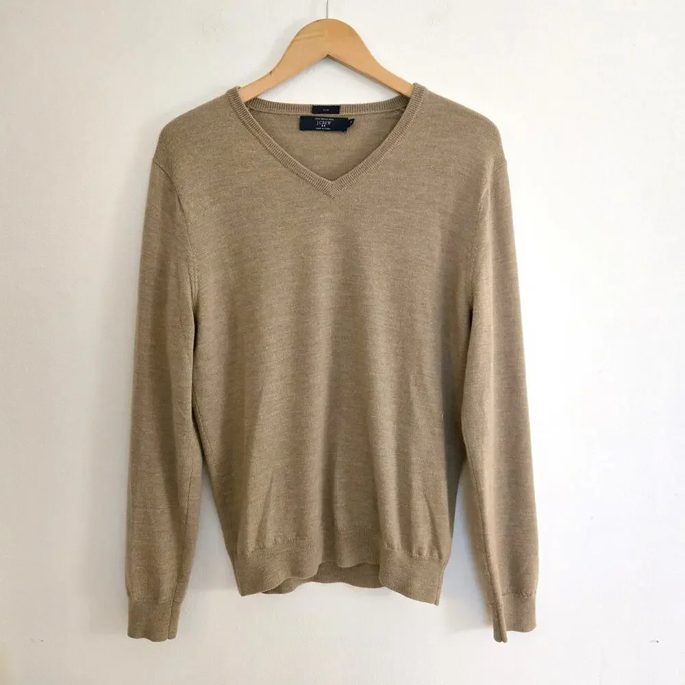 J. Crew Men's Slim Fit 100% Merino Wool V-Neck Sweater Tan M